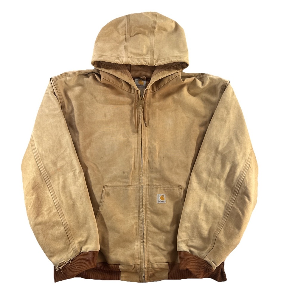 Vintage Carhartt Jacked Mens XXL Tan Distressed Hooded Full-Zip Duck Canvas Work